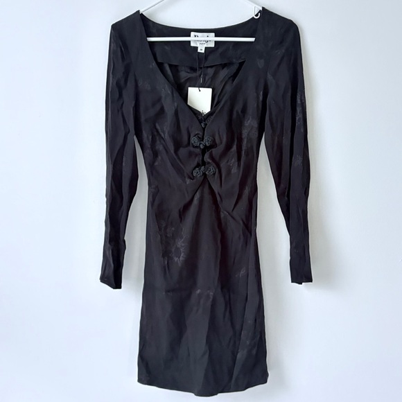 ROUJE PARIS Nancia Floral Jacquard Silk Satin Black Mini Dress Frog Knot Detail - Picture 11 of 16